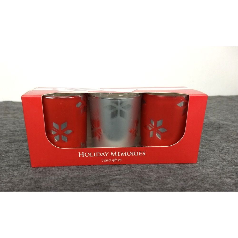 Kohls 3 Pc Votive Candle Gift Set Holiday Memories Red & Silver Hostess NEW